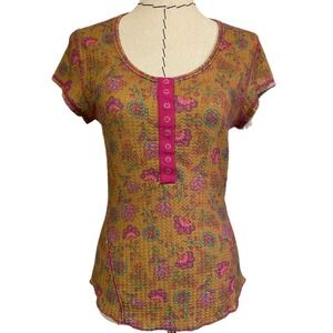 Natural‎ Life Henley Waffle Knit Short Sleeve Top Pink Floral Mustard Yellow